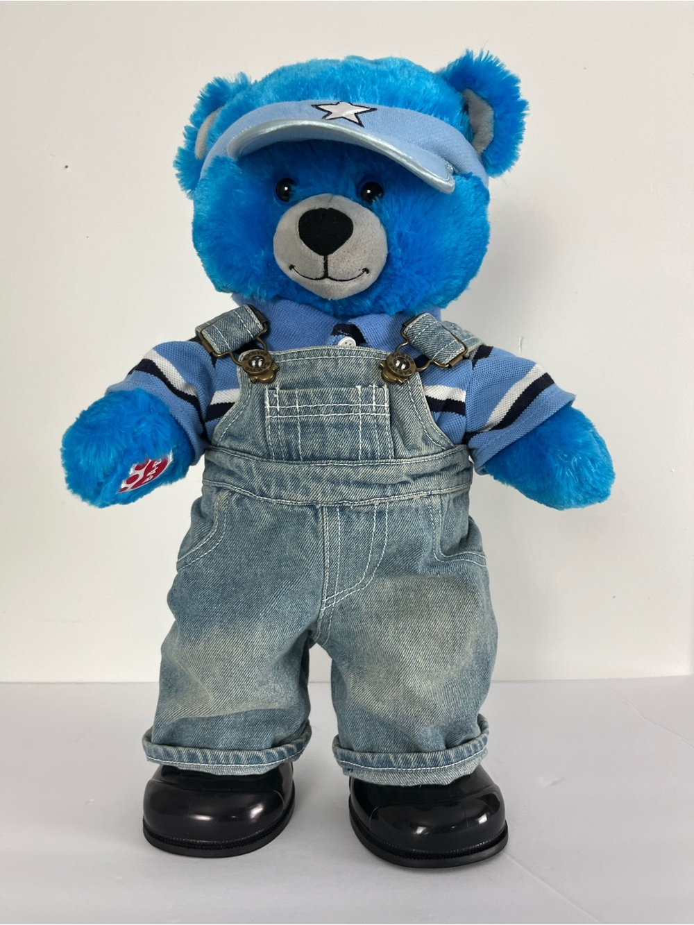 Build A Bear Thomas The Train Blue Plush Bear in Striped Shirt and Denim Overall